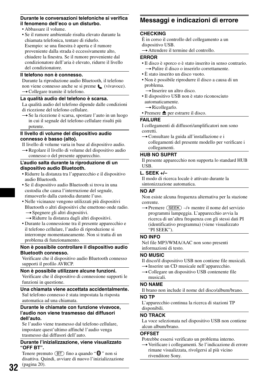 Messaggi e indicazioni di errore | Sony Bluetooth 3-299-319-12 (1) User Manual | Page 126 / 164