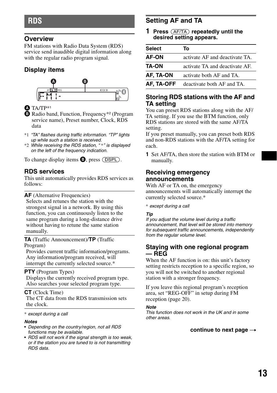 Overview, Setting af and ta, Overview setting af and ta | Sony Bluetooth 3-299-319-12 (1) User Manual | Page 13 / 164