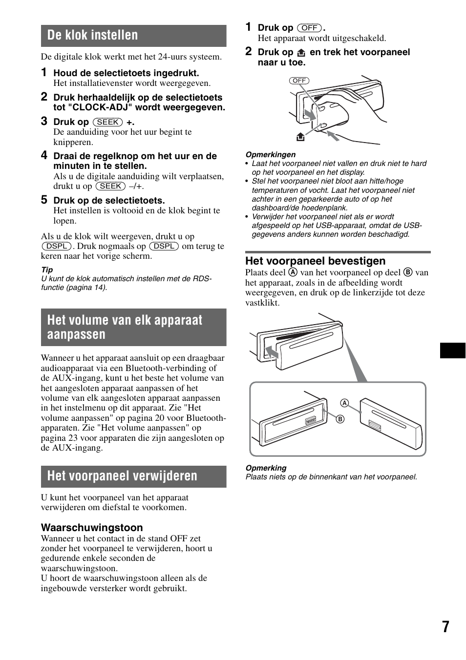 De klok instellen, Het volume van elk apparaat aanpassen, Het voorpaneel verwijderen | Het voorpaneel bevestigen | Sony Bluetooth 3-299-319-12 (1) User Manual | Page 133 / 164