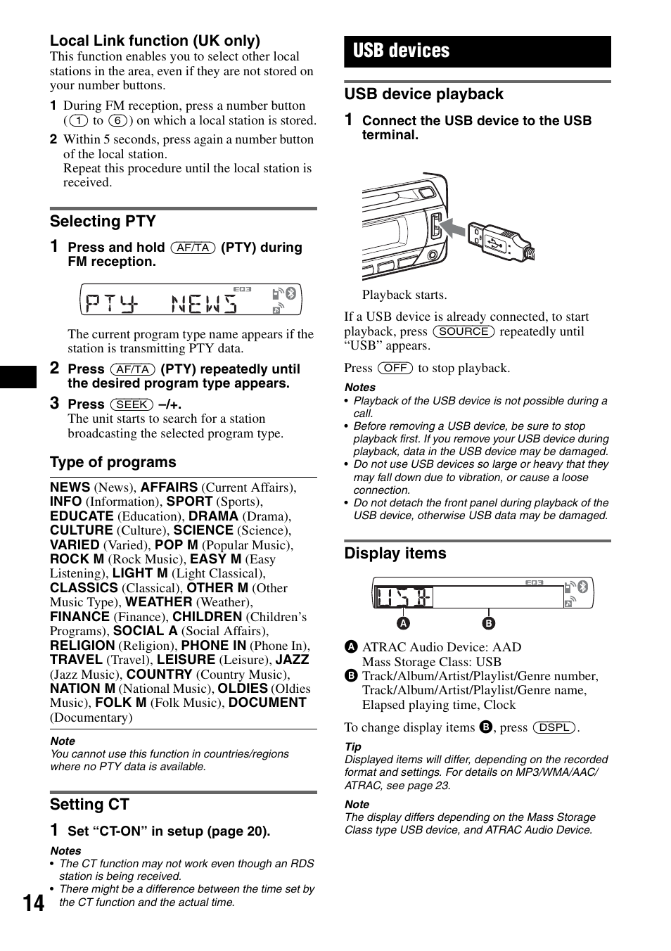 Selecting pty, Setting ct, Usb devices | Usb device playback, Display items, Selecting pty setting ct, Usb device playback display items | Sony Bluetooth 3-299-319-12 (1) User Manual | Page 14 / 164