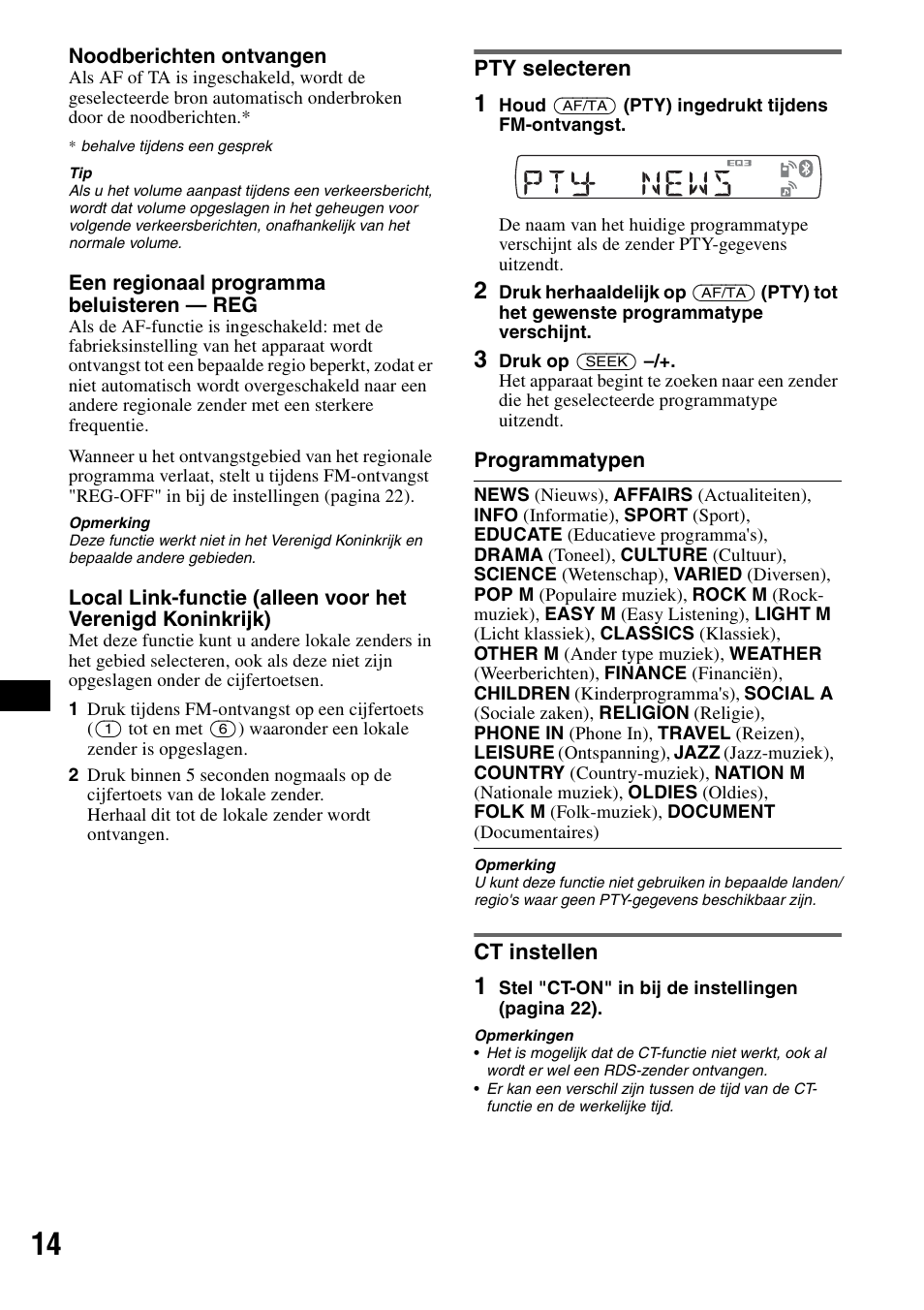 Pty selecteren, Ct instellen, Pty selecteren ct instellen | Sony Bluetooth 3-299-319-12 (1) User Manual | Page 140 / 164