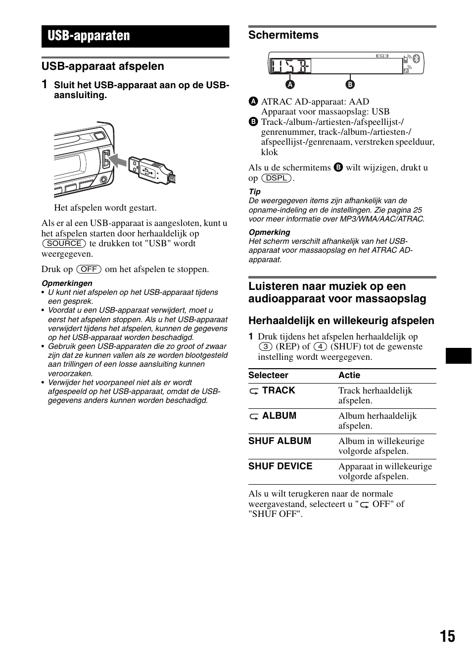 Usb-apparaten, Usb-apparaat afspelen, Schermitems | Sony Bluetooth 3-299-319-12 (1) User Manual | Page 141 / 164