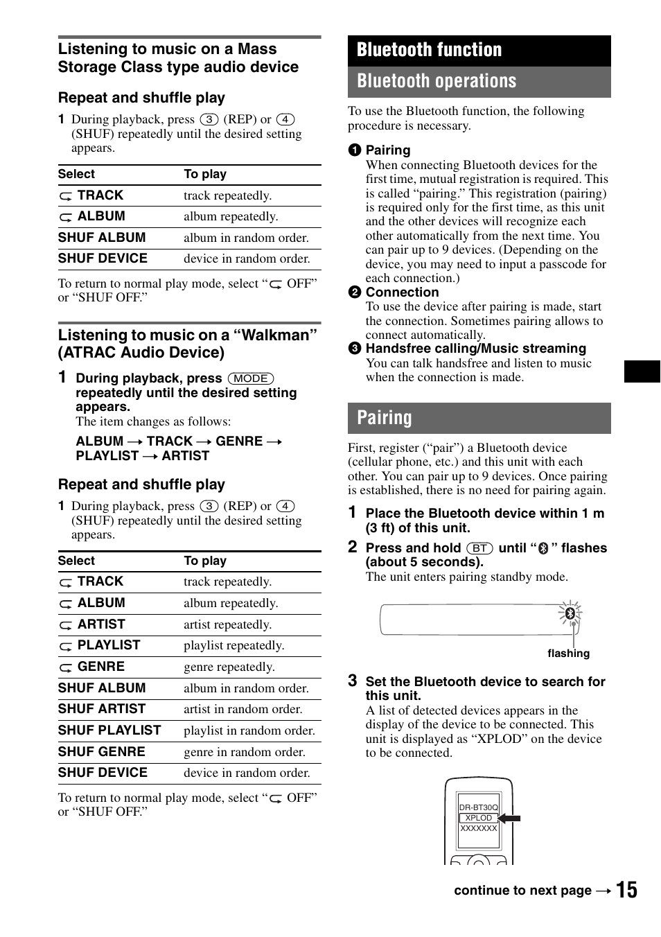 Bluetooth function, Bluetooth operations, Pairing | Listening to music on a mass storage, Atrac audio device), Bluetooth operations pairing, Bluetooth function bluetooth operations | Sony Bluetooth 3-299-319-12 (1) User Manual | Page 15 / 164