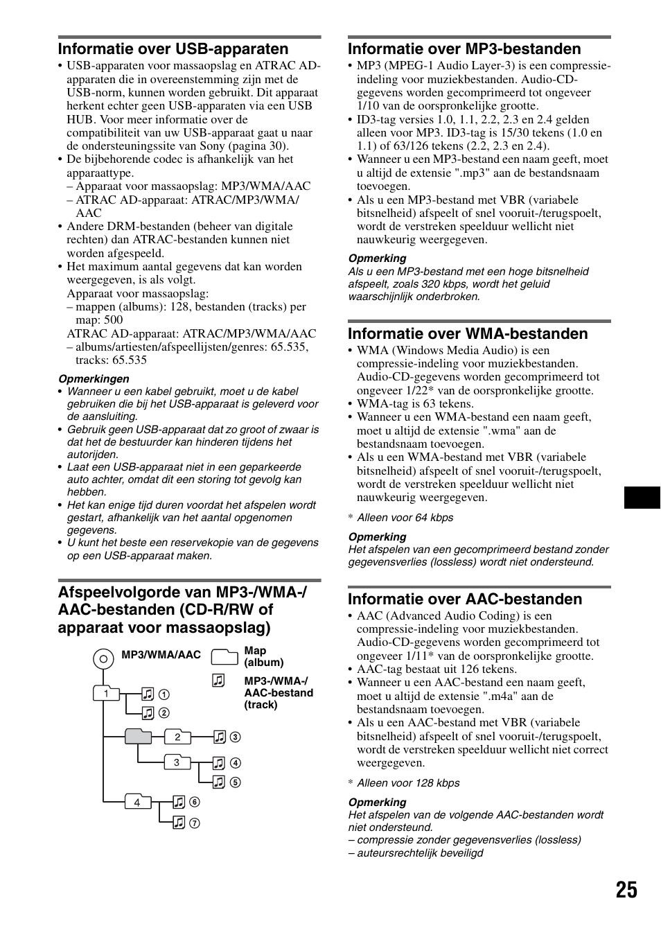 Informatie over usb-apparaten, Informatie over mp3-bestanden, Informatie over wma-bestanden | Informatie over aac-bestanden | Sony Bluetooth 3-299-319-12 (1) User Manual | Page 151 / 164