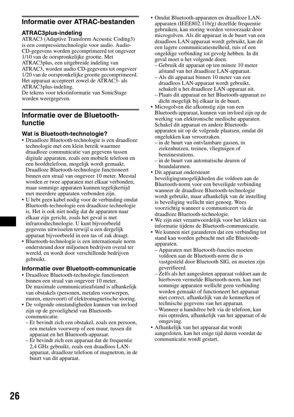 Informatie over atrac-bestanden, Informatie over de bluetooth- functie | Sony Bluetooth 3-299-319-12 (1) User Manual | Page 152 / 164