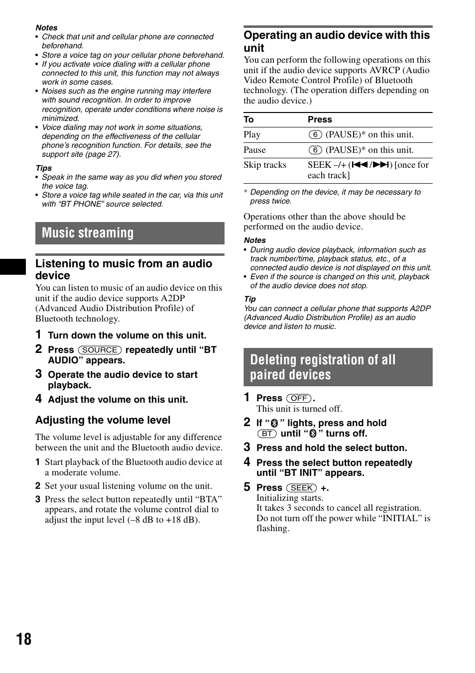 Music streaming, Listening to music from an audio device, Operating an audio device with this unit | Deleting registration of all paired devices, Listening to music from an audio, Device operating an audio device with this, Unit | Sony Bluetooth 3-299-319-12 (1) User Manual | Page 18 / 164