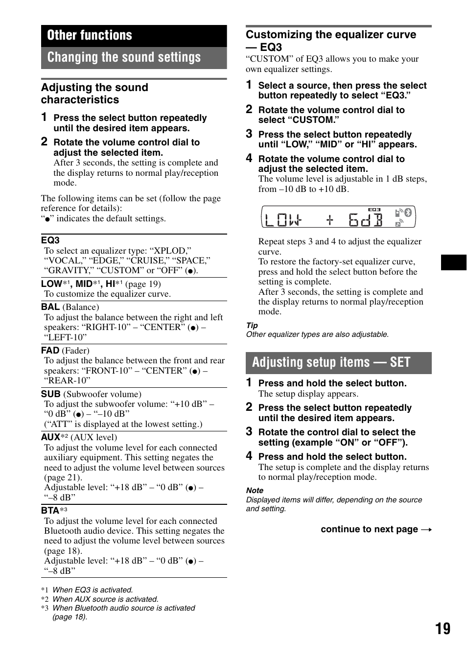 Other functions, Changing the sound settings, Adjusting the sound characteristics | Customizing the equalizer curve - eq3, Adjusting setup items - set, Adjusting setup items — set, Other functions changing the sound settings | Sony Bluetooth 3-299-319-12 (1) User Manual | Page 19 / 164