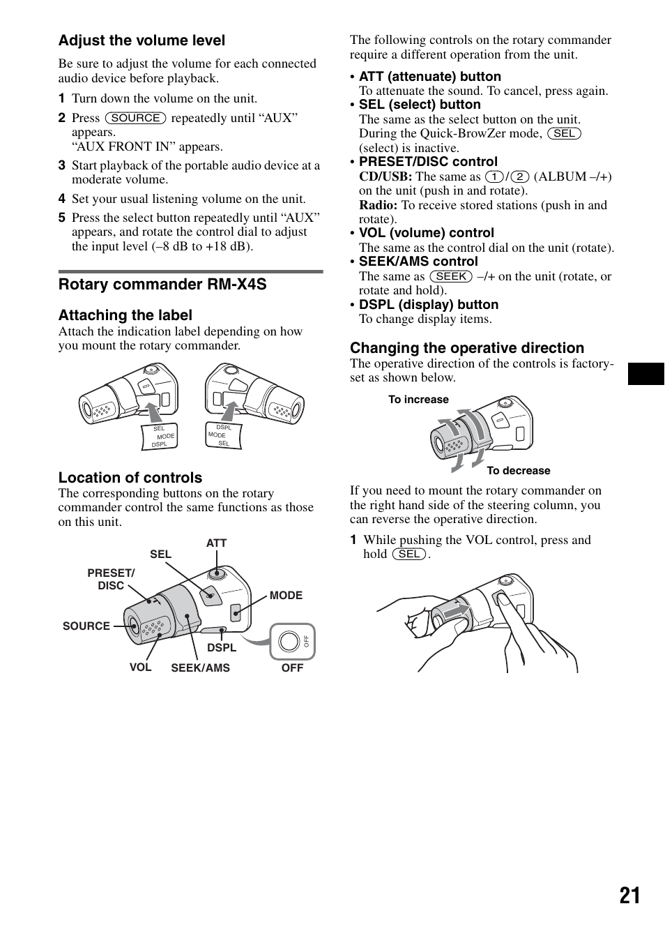 Rotary commander rm-x4s, Adjust the volume level, Attaching the label | Location of controls, Changing the operative direction | Sony Bluetooth 3-299-319-12 (1) User Manual | Page 21 / 164