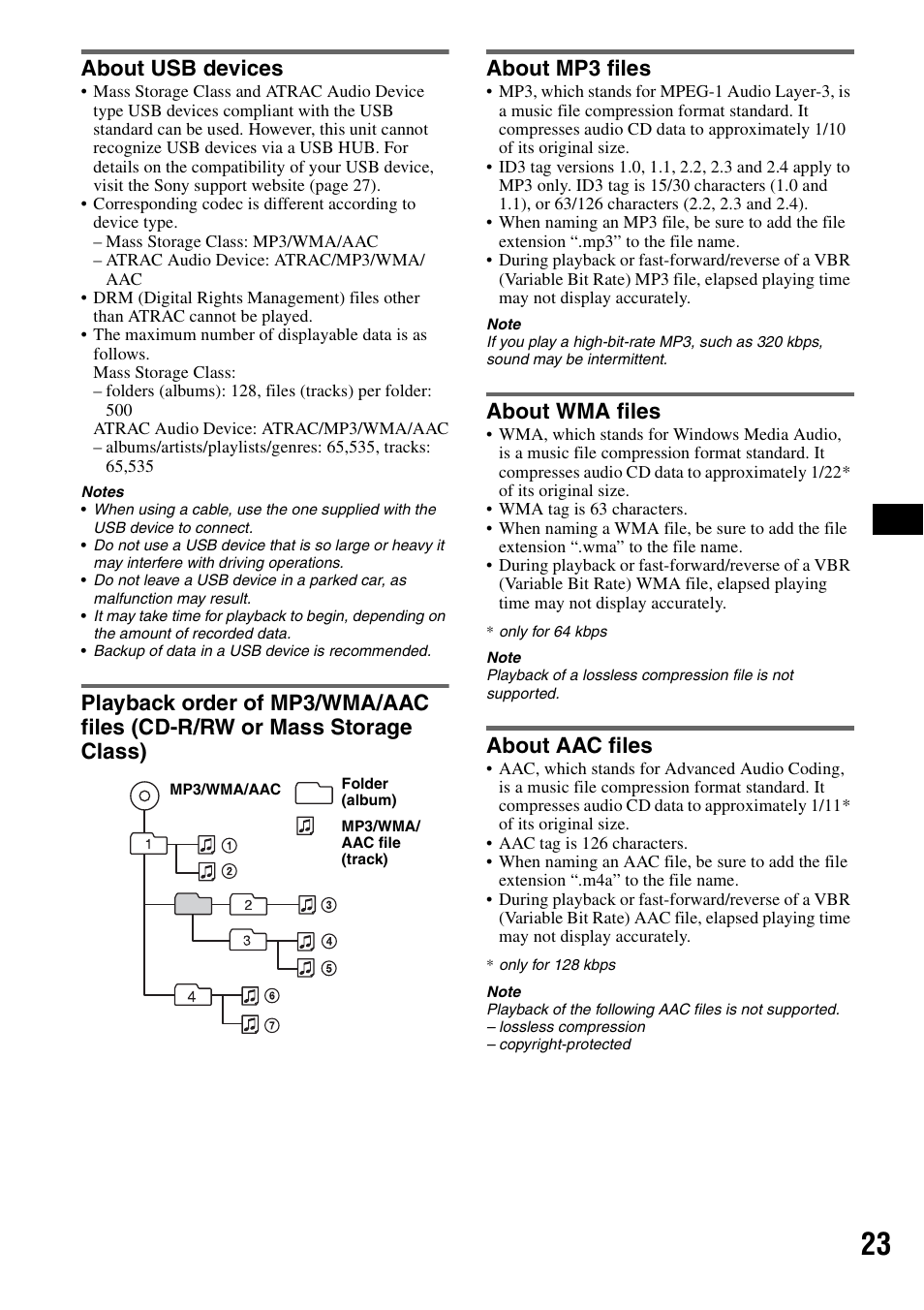 About usb devices, About mp3 files, About wma files | About aac files | Sony Bluetooth 3-299-319-12 (1) User Manual | Page 23 / 164