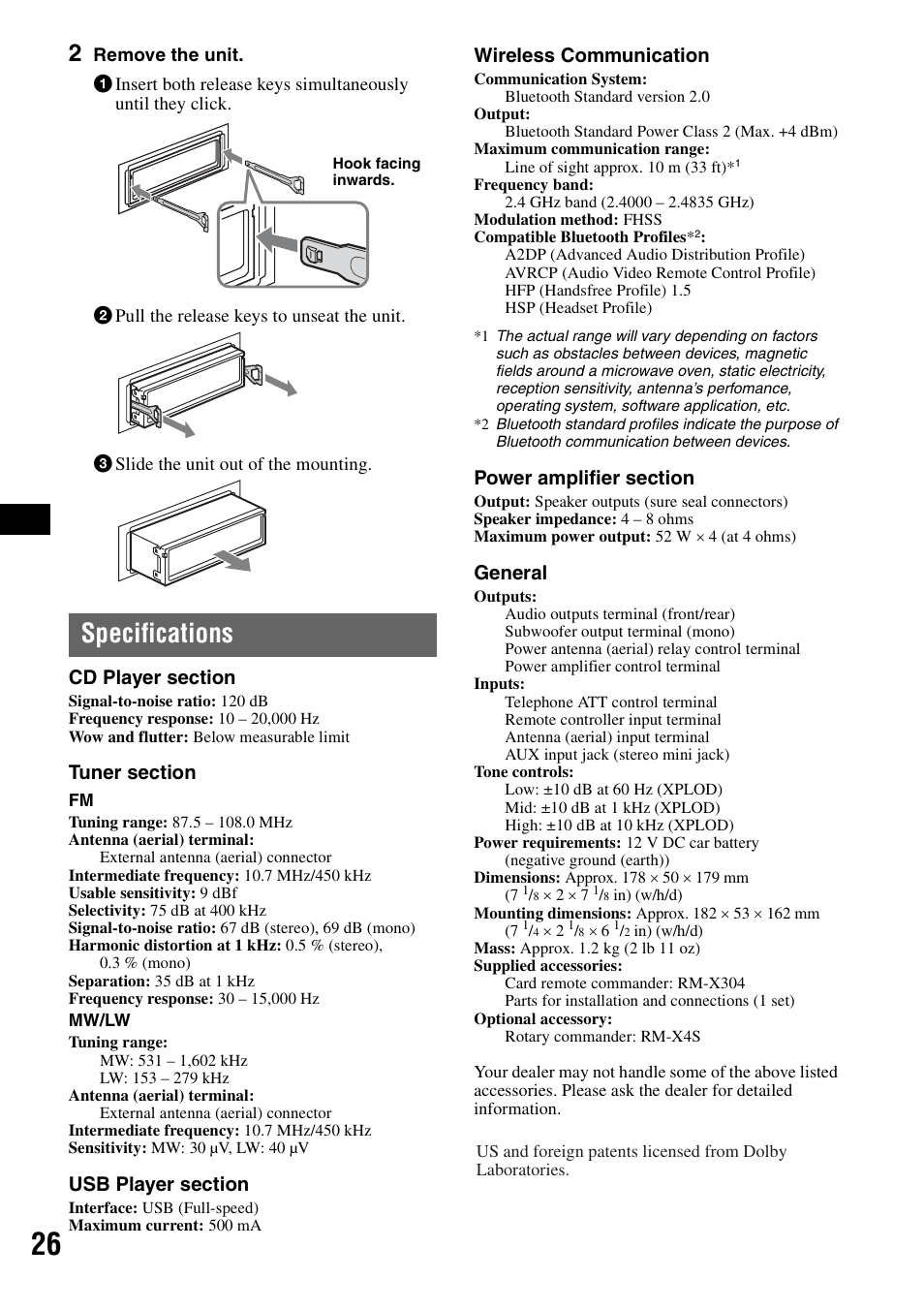 Specifications, Wireless communication, General | Sony Bluetooth 3-299-319-12 (1) User Manual | Page 26 / 164