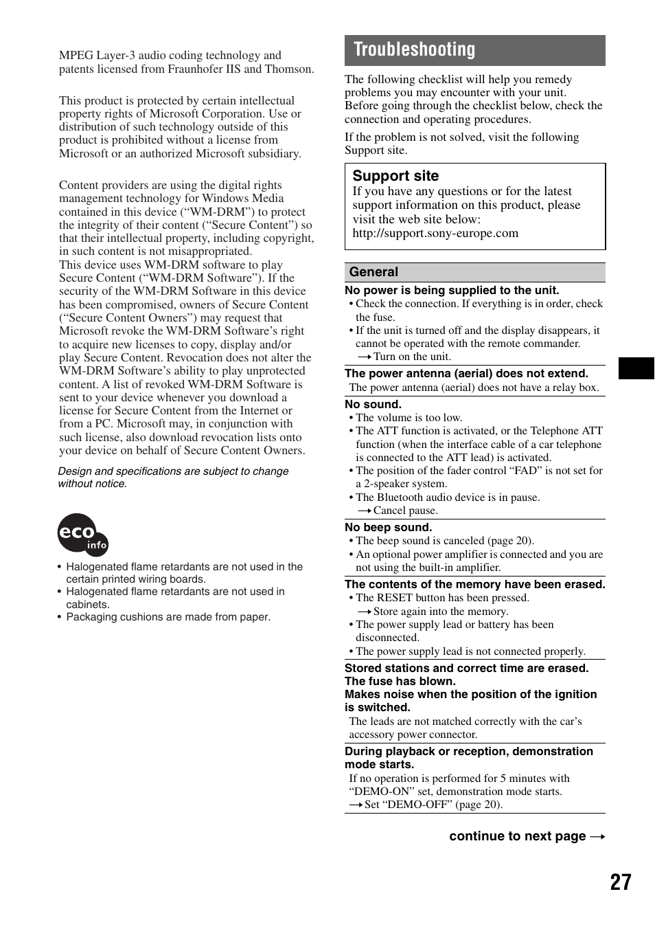 Troubleshooting, Support site | Sony Bluetooth 3-299-319-12 (1) User Manual | Page 27 / 164