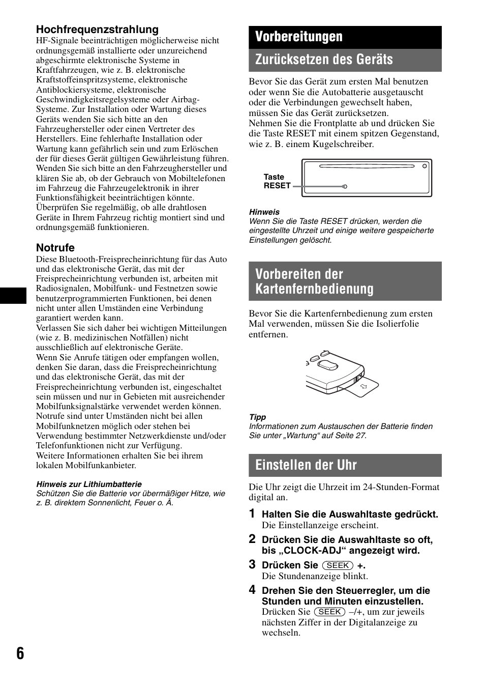 Vorbereitungen, Zurücksetzen des geräts, Vorbereiten der kartenfernbedienung | Einstellen der uhr, Vorbereitungen zurücksetzen des geräts | Sony Bluetooth 3-299-319-12 (1) User Manual | Page 36 / 164