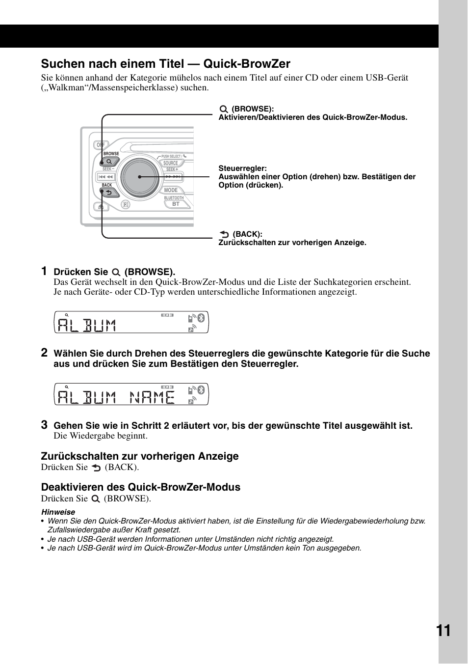 Suchen nach einem titel - quick-browzer, Suchen nach einem titel, Quick-browzer | Seite 11), Seite 11, Suchen nach einem titel — quick-browzer, Zurückschalten zur vorherigen anzeige, Deaktivieren des quick-browzer-modus | Sony Bluetooth 3-299-319-12 (1) User Manual | Page 41 / 164