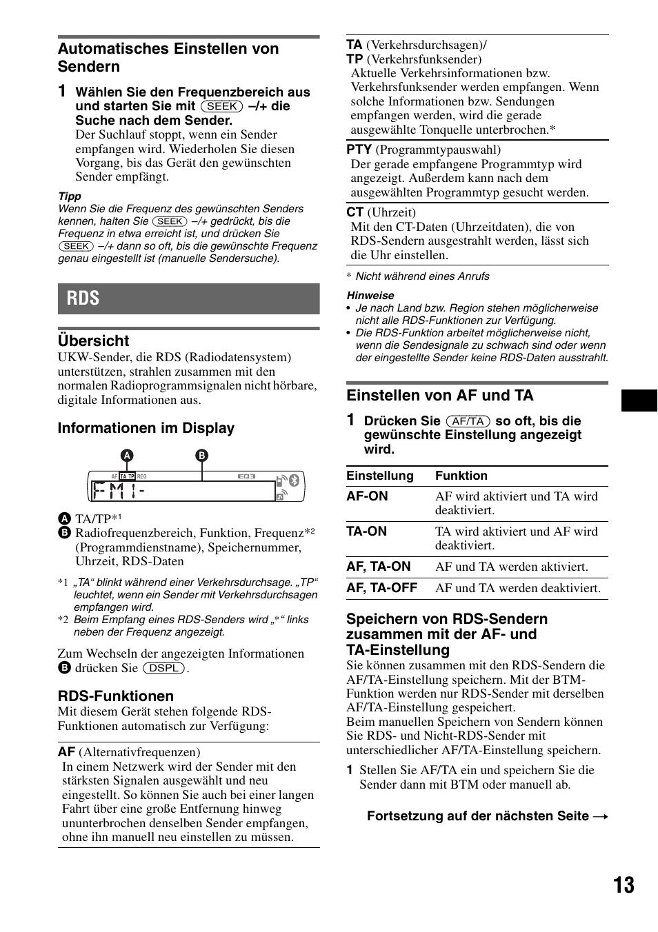 Automatisches einstellen von sendern, Übersicht, Einstellen von af und ta | Übersicht einstellen von af und ta, Seite 13 | Sony Bluetooth 3-299-319-12 (1) User Manual | Page 43 / 164