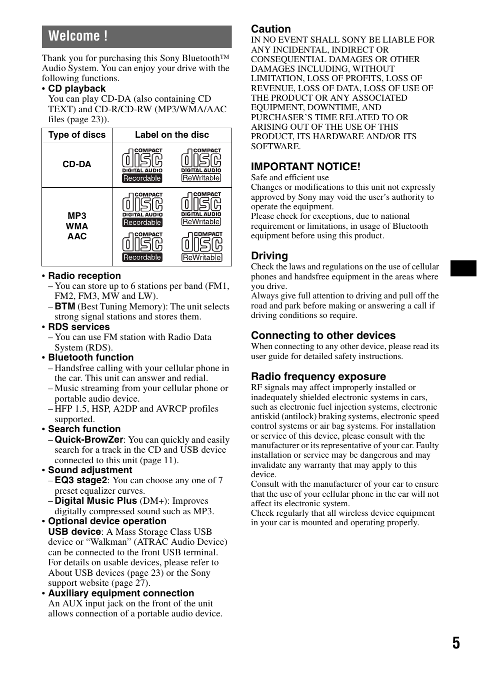 Welcome | Sony Bluetooth 3-299-319-12 (1) User Manual | Page 5 / 164