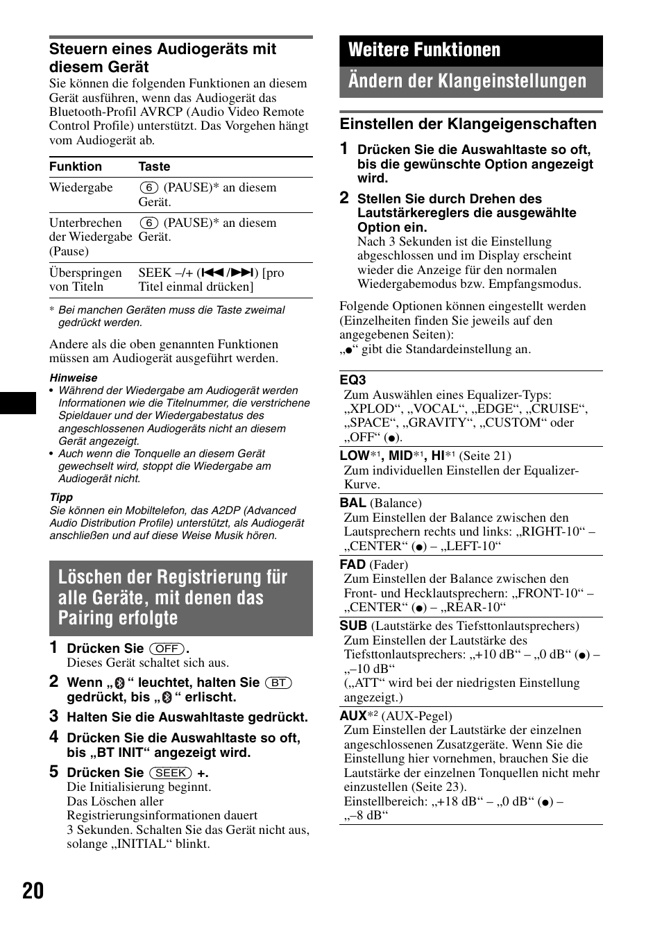 Steuern eines audiogeräts mit diesem gerät, Weitere funktionen, Ändern der klangeinstellungen | Einstellen der klangeigenschaften, Steuern eines audiogeräts mit diesem, Gerät, Löschen der registrierung für alle geräte, Mit denen das pairing erfolgte, Weitere funktionen ändern der klangeinstellungen | Sony Bluetooth 3-299-319-12 (1) User Manual | Page 50 / 164