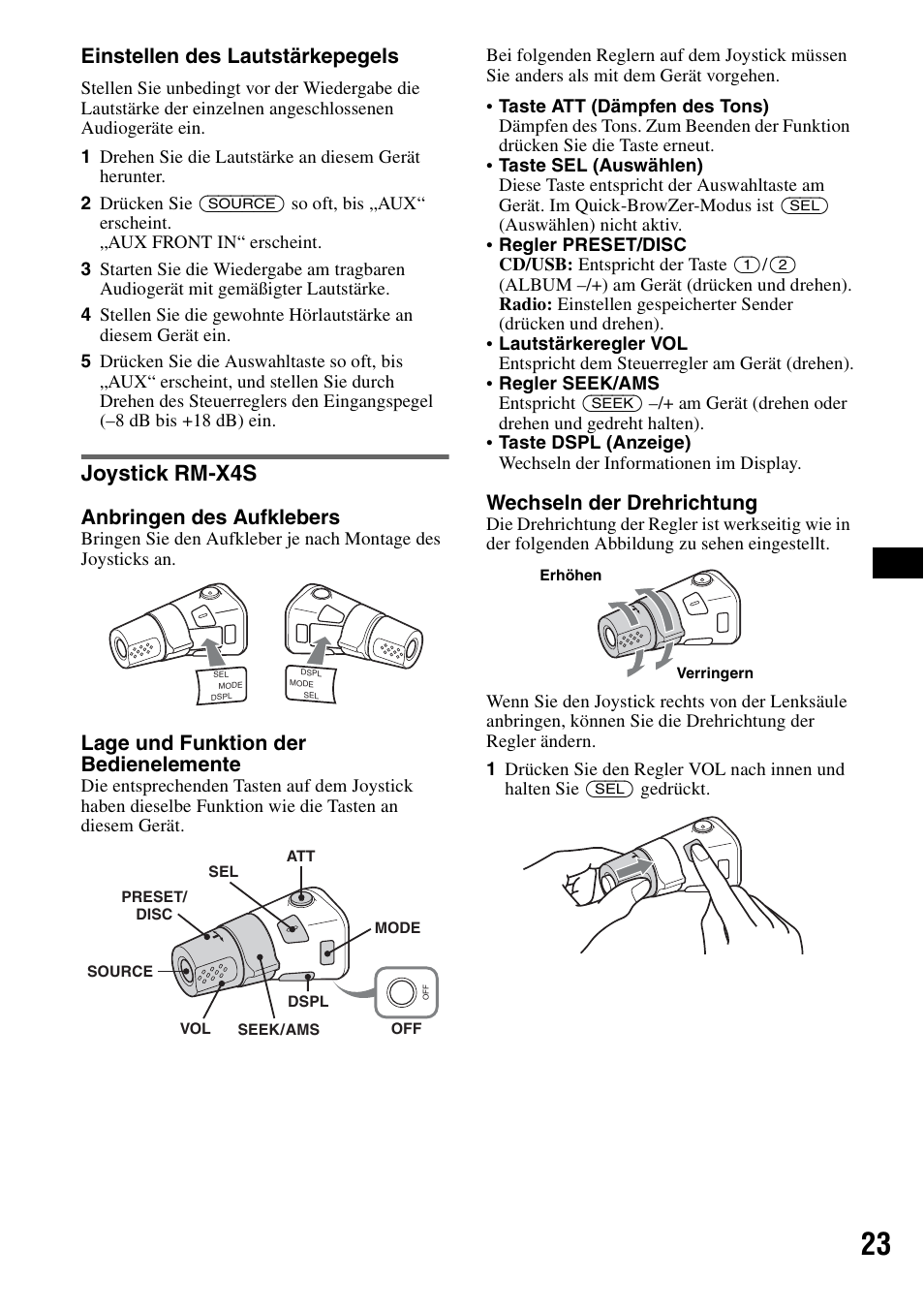 Joystick rm-x4s, Einstellen des lautstärkepegels, Anbringen des aufklebers | Lage und funktion der bedienelemente, Wechseln der drehrichtung | Sony Bluetooth 3-299-319-12 (1) User Manual | Page 53 / 164
