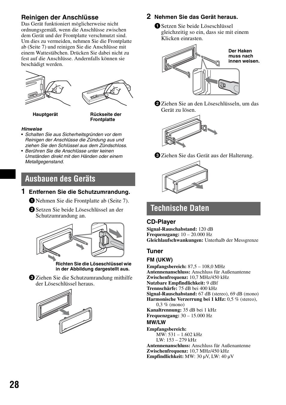 Ausbauen des geräts, Technische daten, Ausbauen des geräts technische daten | Sony Bluetooth 3-299-319-12 (1) User Manual | Page 58 / 164
