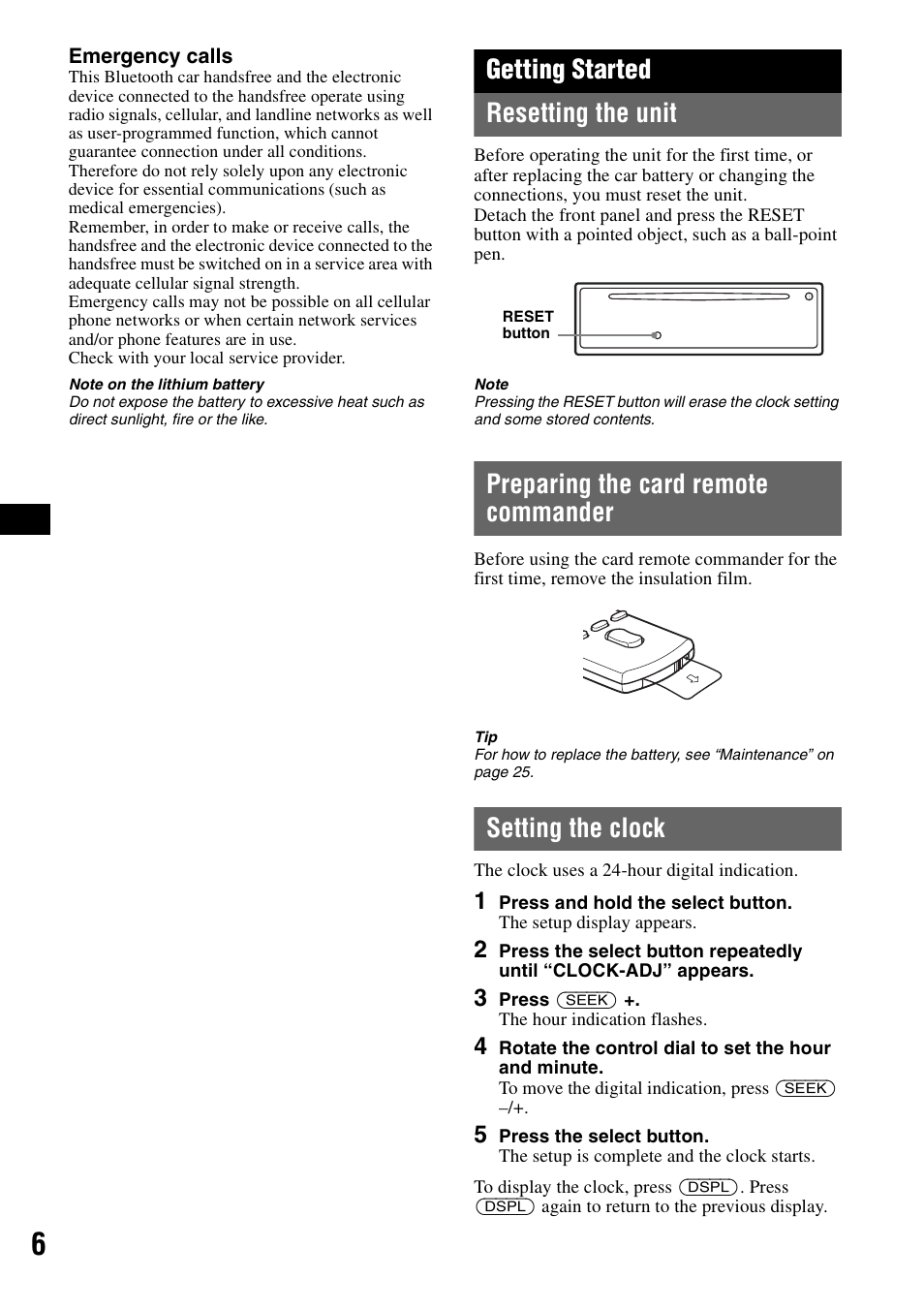 Getting started, Resetting the unit, Preparing the card remote commander | Setting the clock, Getting started resetting the unit | Sony Bluetooth 3-299-319-12 (1) User Manual | Page 6 / 164