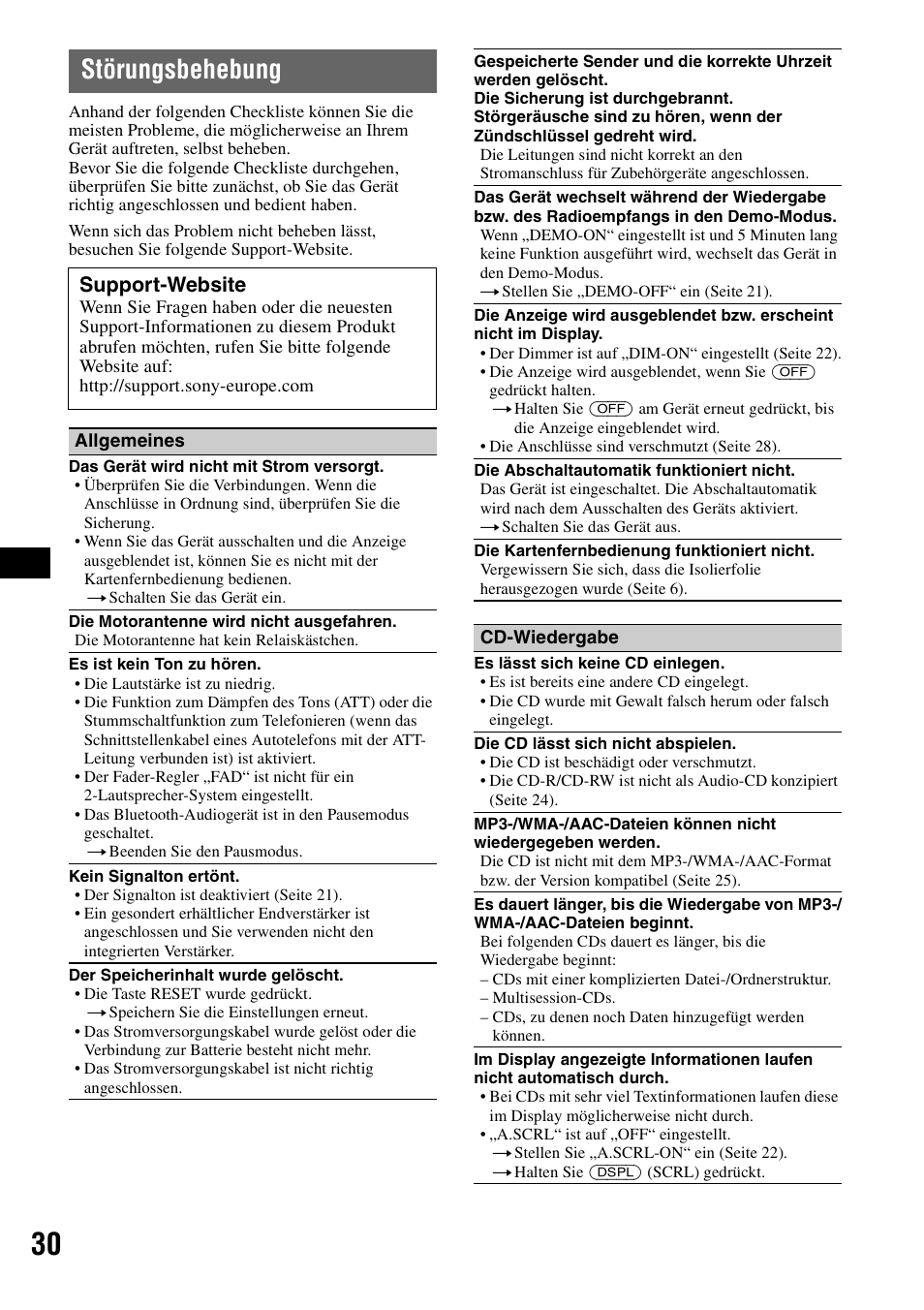 Störungsbehebung, Seite 30), Support-website | Sony Bluetooth 3-299-319-12 (1) User Manual | Page 60 / 164