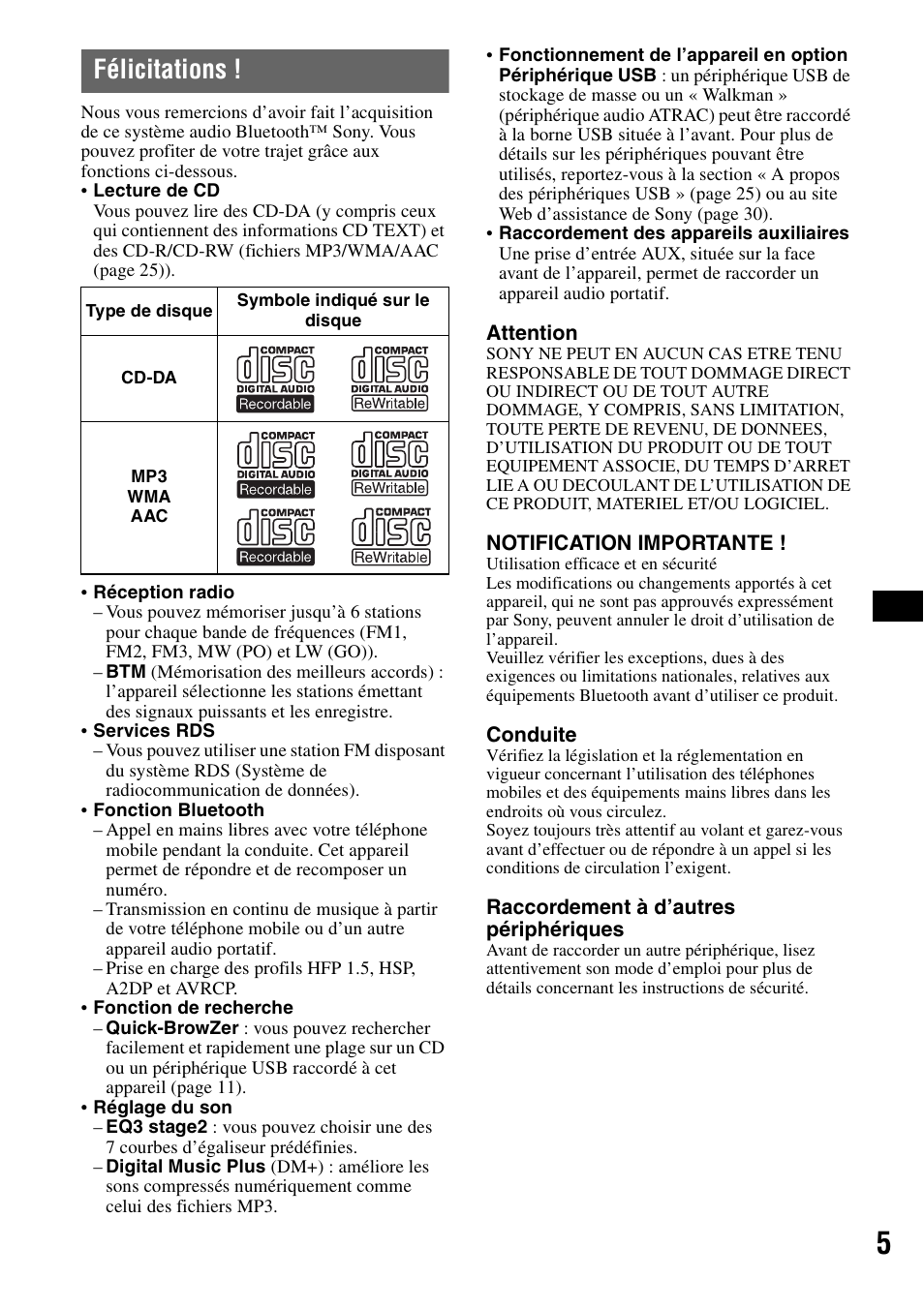 Félicitations | Sony Bluetooth 3-299-319-12 (1) User Manual | Page 67 / 164