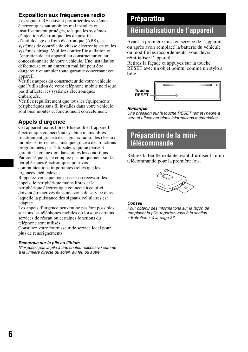 Préparation, Réinitialisation de l’appareil, Préparation de la mini- télécommande | Préparation réinitialisation de l’appareil | Sony Bluetooth 3-299-319-12 (1) User Manual | Page 68 / 164