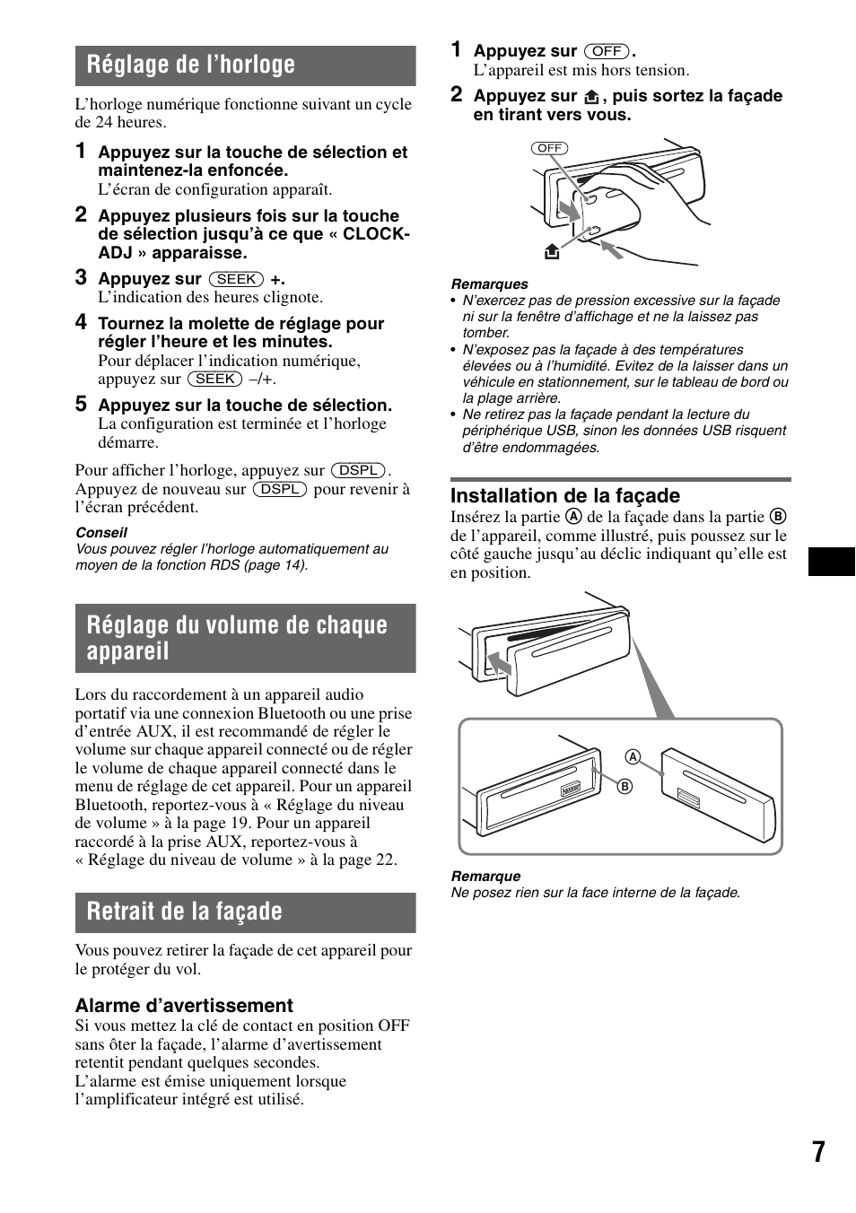 Réglage de l’horloge, Réglage du volume de chaque appareil, Retrait de la façade | Installation de la façade | Sony Bluetooth 3-299-319-12 (1) User Manual | Page 69 / 164