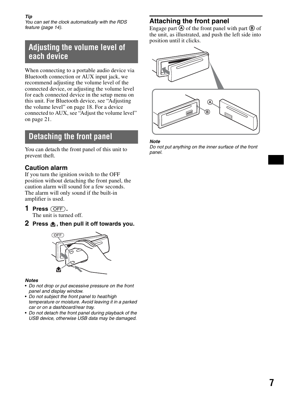 Adjusting the volume level of each device, Detaching the front panel, Attaching the front panel | Sony Bluetooth 3-299-319-12 (1) User Manual | Page 7 / 164