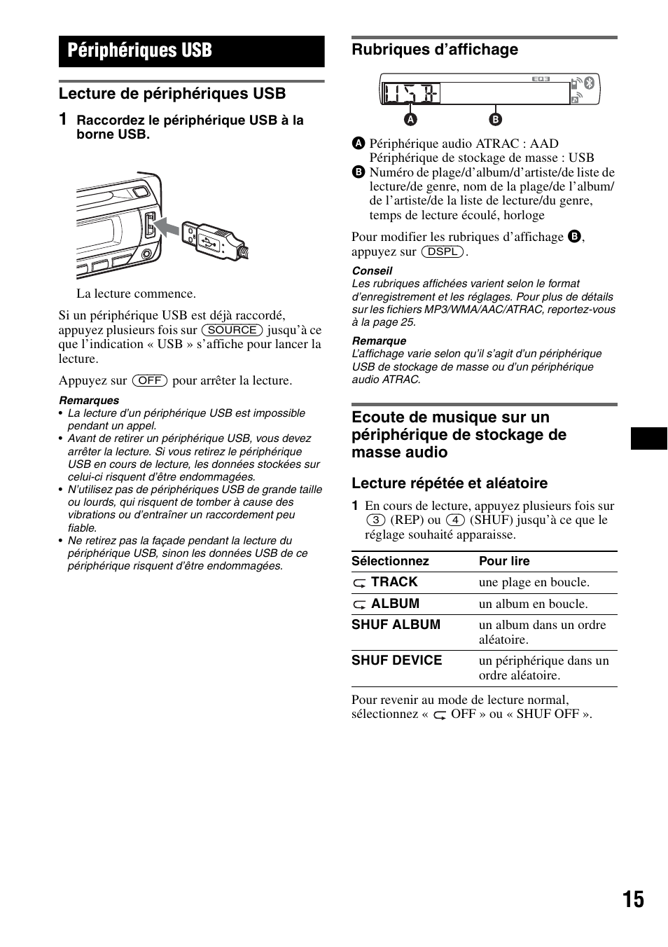 Périphériques usb, Lecture de périphériques usb, Rubriques d’affichage | Sony Bluetooth 3-299-319-12 (1) User Manual | Page 77 / 164
