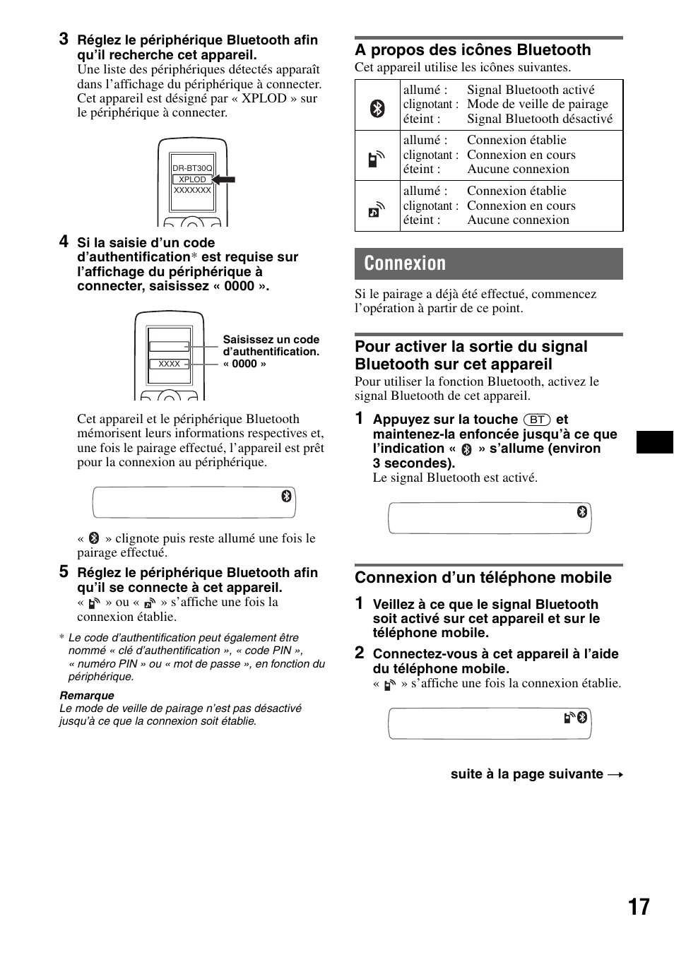 A propos des icônes bluetooth, Connexion, Connexion d’un téléphone mobile | Sony Bluetooth 3-299-319-12 (1) User Manual | Page 79 / 164