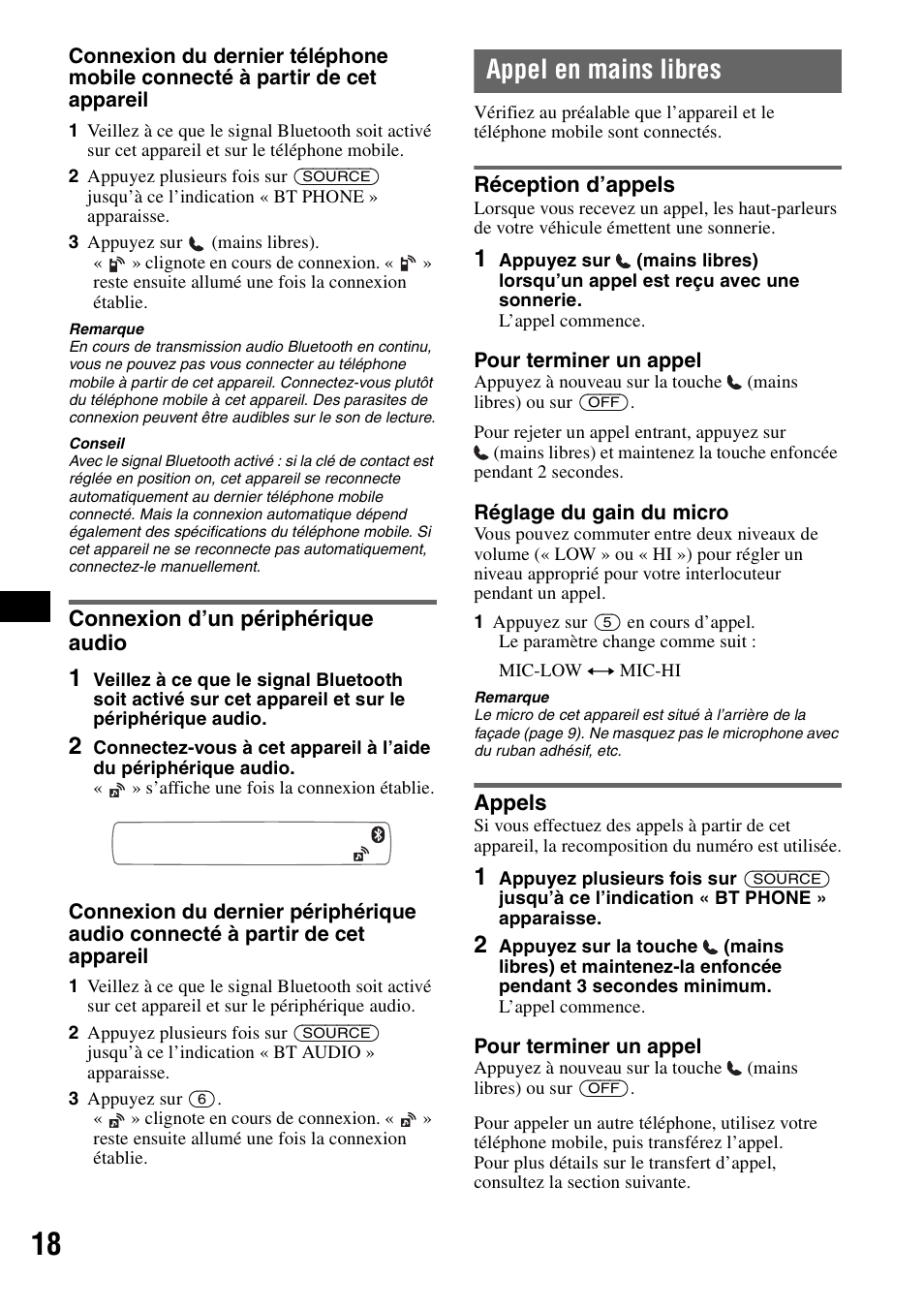 Connexion d’un périphérique audio, Appel en mains libres, Réception d’appels | Appels, Réception d’appels appels | Sony Bluetooth 3-299-319-12 (1) User Manual | Page 80 / 164