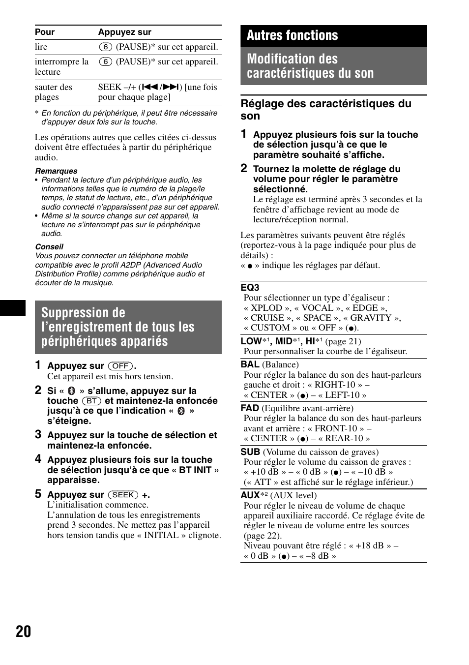 Autres fonctions, Modification des caractéristiques du son, Réglage des caractéristiques du son | Sony Bluetooth 3-299-319-12 (1) User Manual | Page 82 / 164