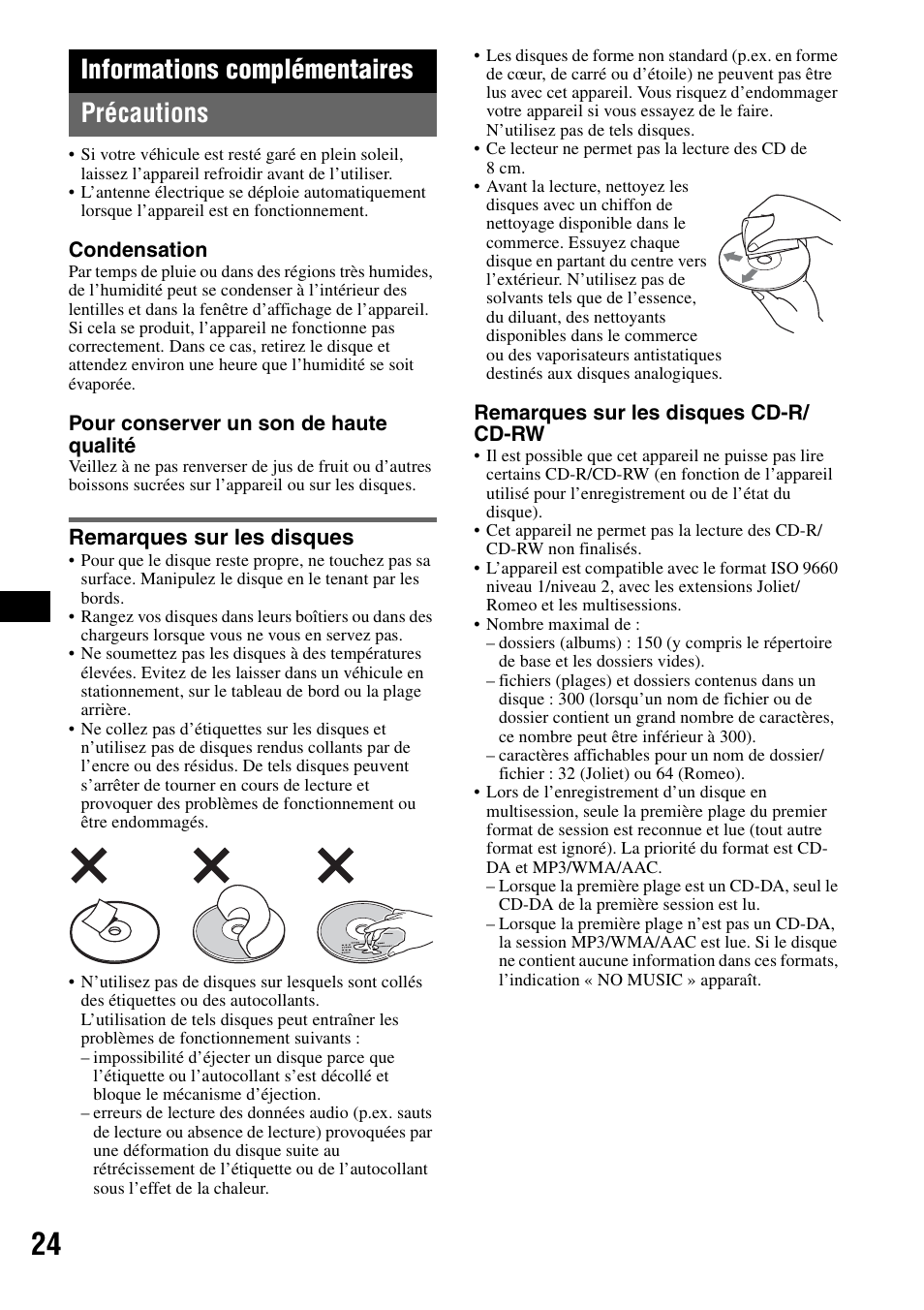 Informations complémentaires, Précautions, Remarques sur les disques | Informations complémentaires précautions | Sony Bluetooth 3-299-319-12 (1) User Manual | Page 86 / 164