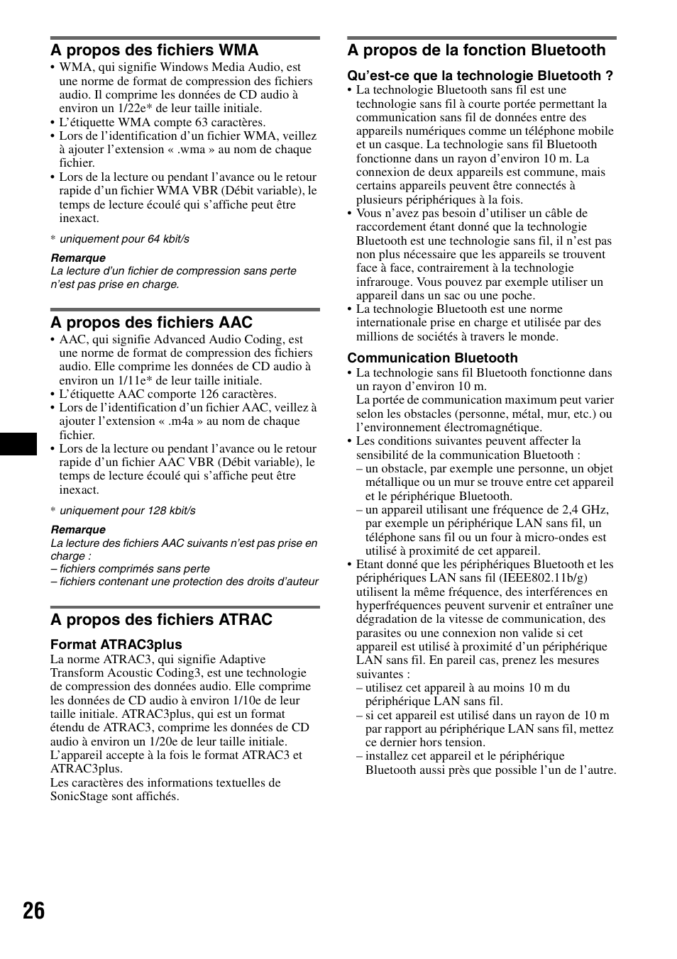 A propos des fichiers wma, A propos des fichiers aac, A propos des fichiers atrac | A propos de la fonction bluetooth | Sony Bluetooth 3-299-319-12 (1) User Manual | Page 88 / 164
