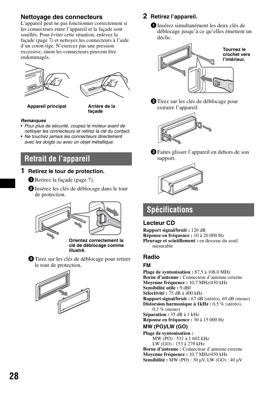 Retrait de l’appareil, Spécifications, Retrait de l’appareil spécifications | Sony Bluetooth 3-299-319-12 (1) User Manual | Page 90 / 164