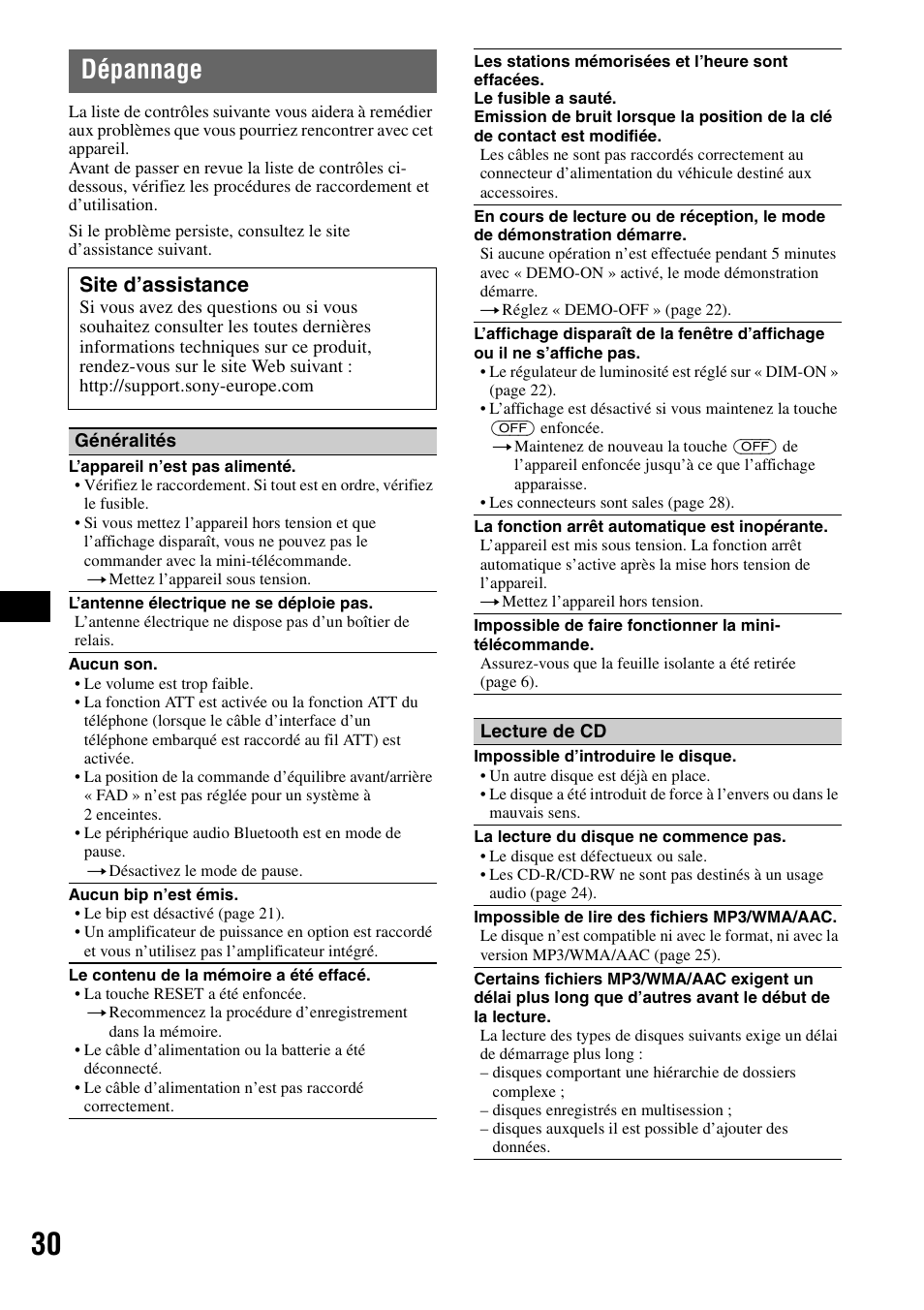 Dépannage, Site d’assistance | Sony Bluetooth 3-299-319-12 (1) User Manual | Page 92 / 164