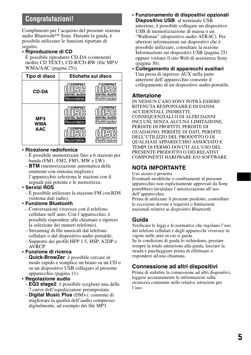 Congratulazioni | Sony Bluetooth 3-299-319-12 (1) User Manual | Page 99 / 164