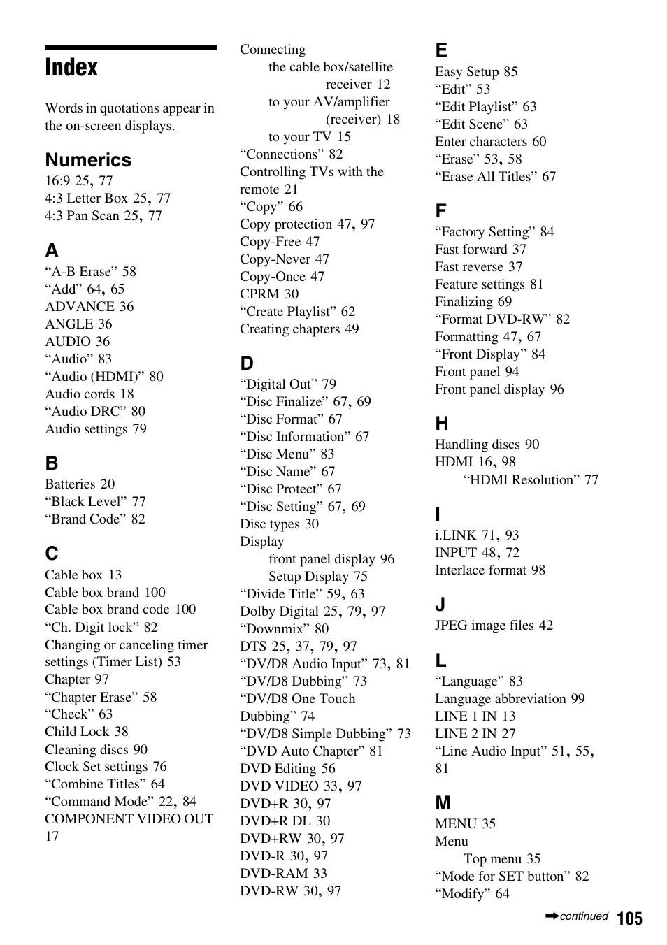 Index, Numerics | Sony RDR-GX355 User Manual | Page 105 / 128