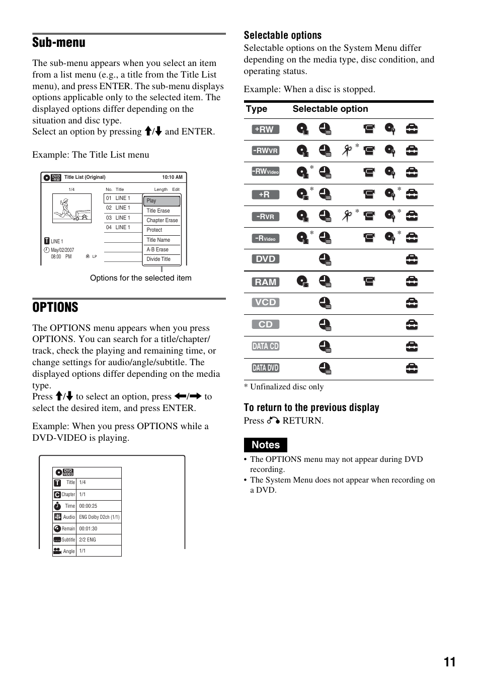 Sub-menu, Options, Selectable options | Press o return | Sony RDR-GX355 User Manual | Page 11 / 128