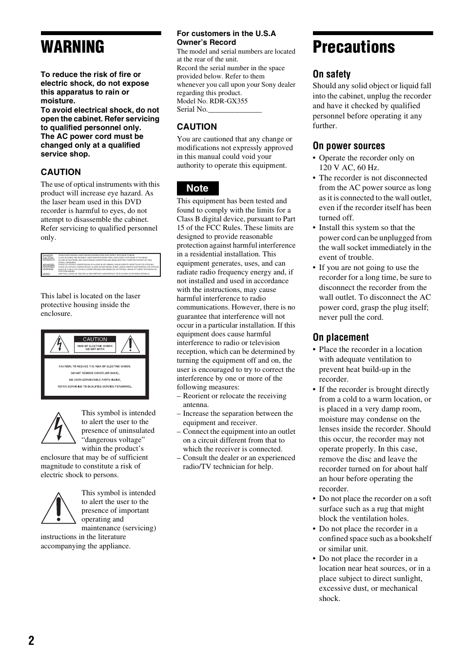 Warning, Precautions, On safety | On power sources, On placement | Sony RDR-GX355 User Manual | Page 2 / 128
