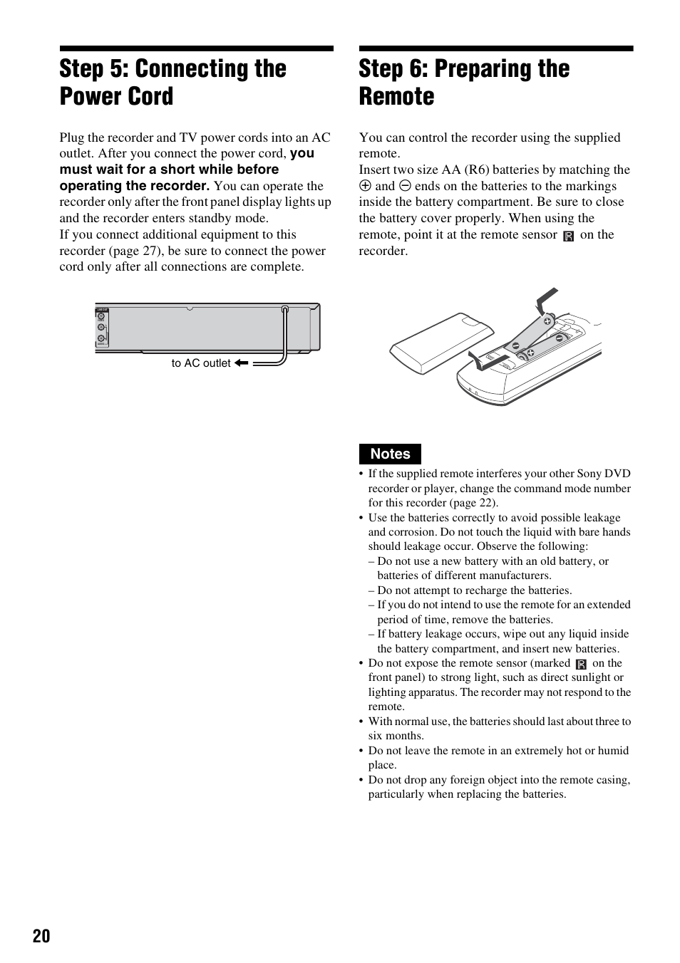 Step 5: connecting the power cord, Step 6: preparing the remote | Sony RDR-GX355 User Manual | Page 20 / 128