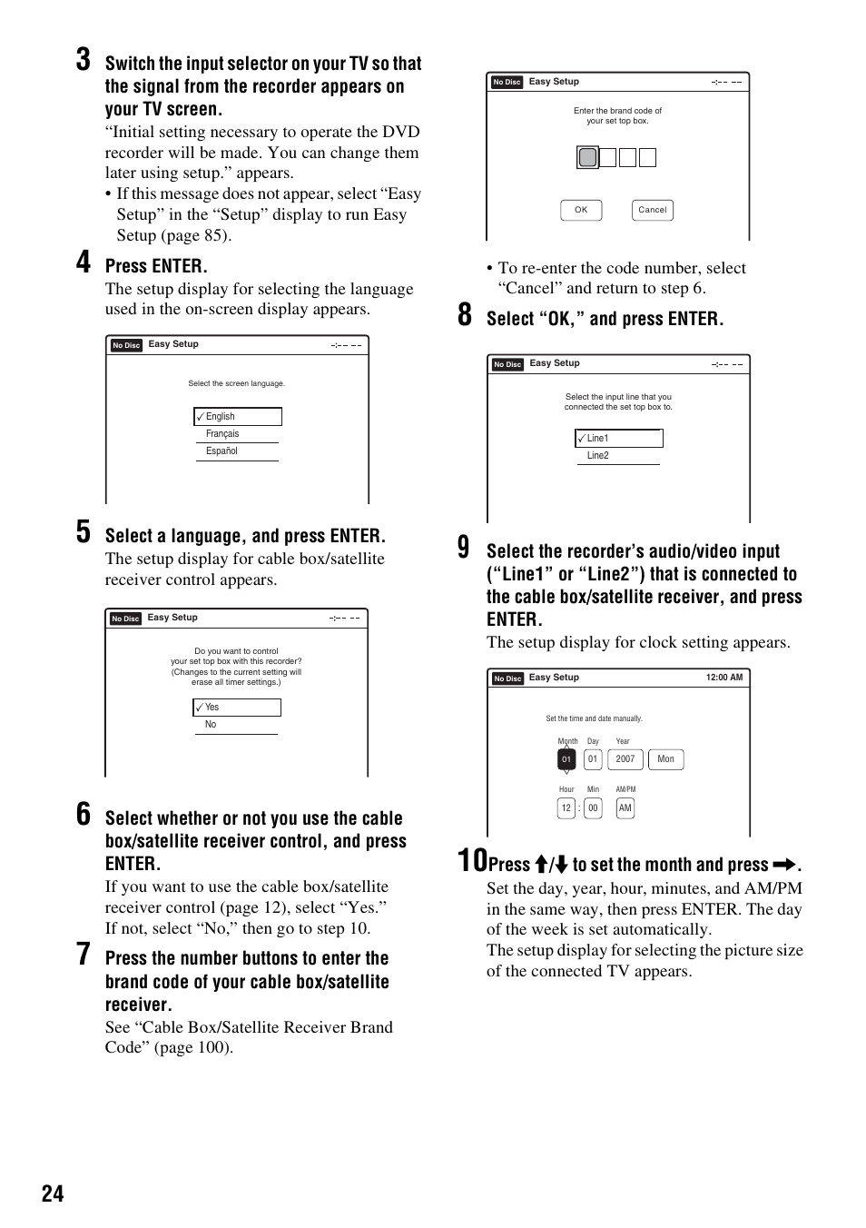 Press enter, Select a language, and press enter, Select “ok,” and press enter | Press m / m to set the month and press, The setup display for clock setting appears | Sony RDR-GX355 User Manual | Page 24 / 128