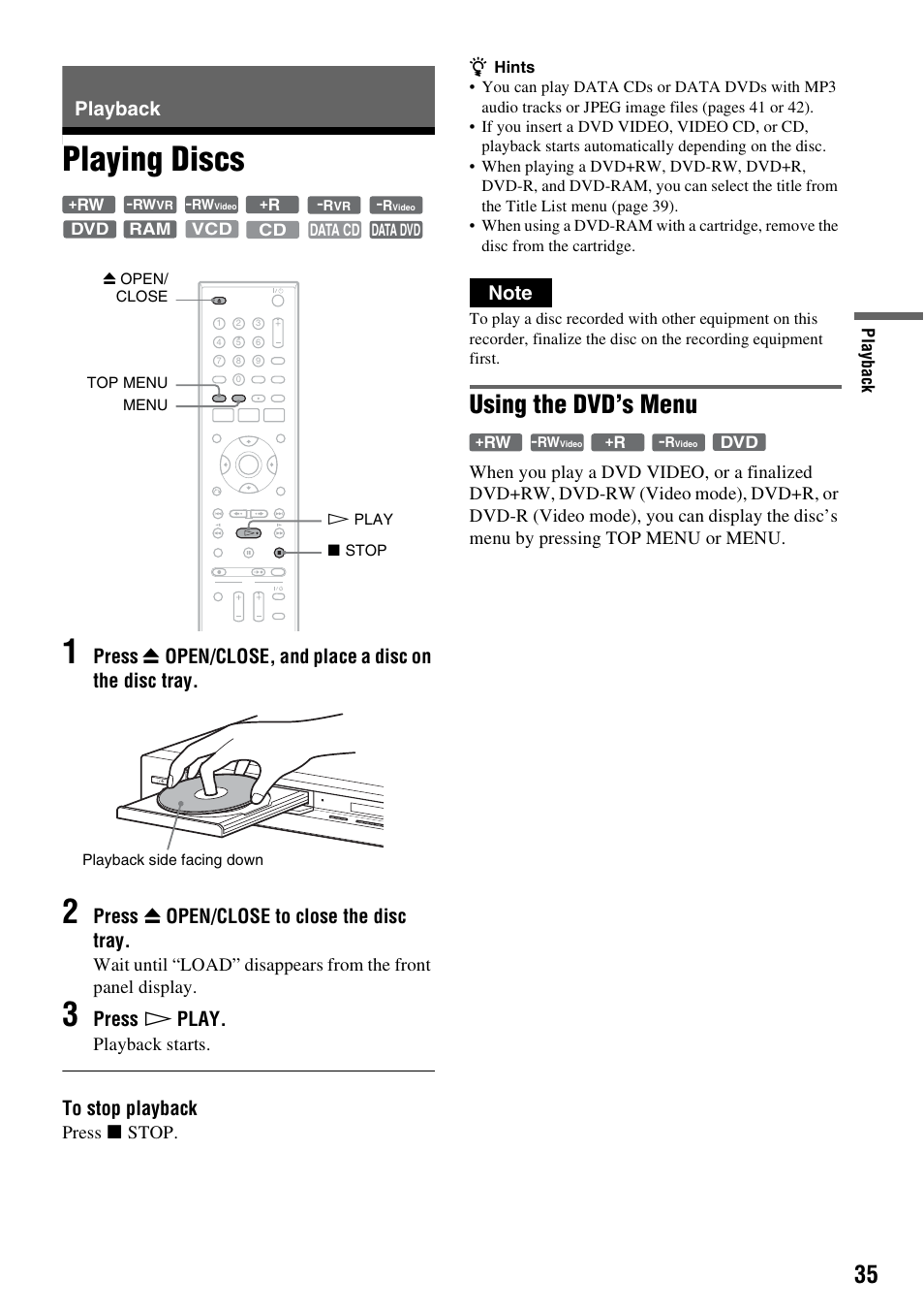 Playback, Playing discs, Playing discs 1 | Using the dvd’s menu, Press z open/close to close the disc tray, Press h play, Playback starts, Press x stop | Sony RDR-GX355 User Manual | Page 35 / 128