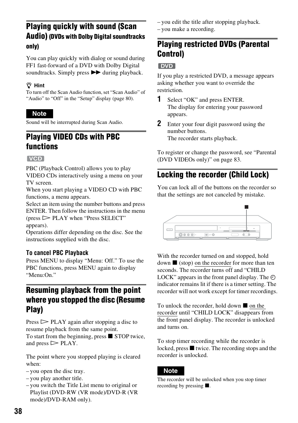 Playing quickly with sound (scan audio), Playing video cds with pbc functions, Playing restricted dvds (parental control) | Locking the recorder (child lock) | Sony RDR-GX355 User Manual | Page 38 / 128