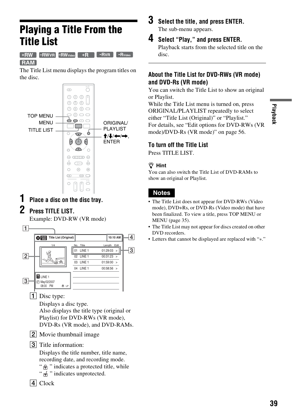 Playing a title from the title list, Place a disc on the disc tray, Press title list | A disc type, B movie thumbnail image c title information, D clock, Select the title, and press enter, Select “play,” and press enter, Example: dvd-rw (vr mode), The sub-menu appears | Sony RDR-GX355 User Manual | Page 39 / 128