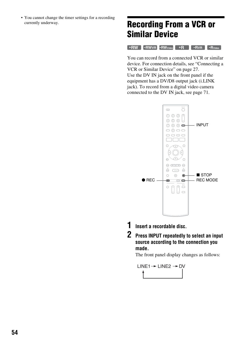 Recording from a vcr or similar device, Insert a recordable disc, The front panel display changes as follows | Line2 dv line1 | Sony RDR-GX355 User Manual | Page 54 / 128