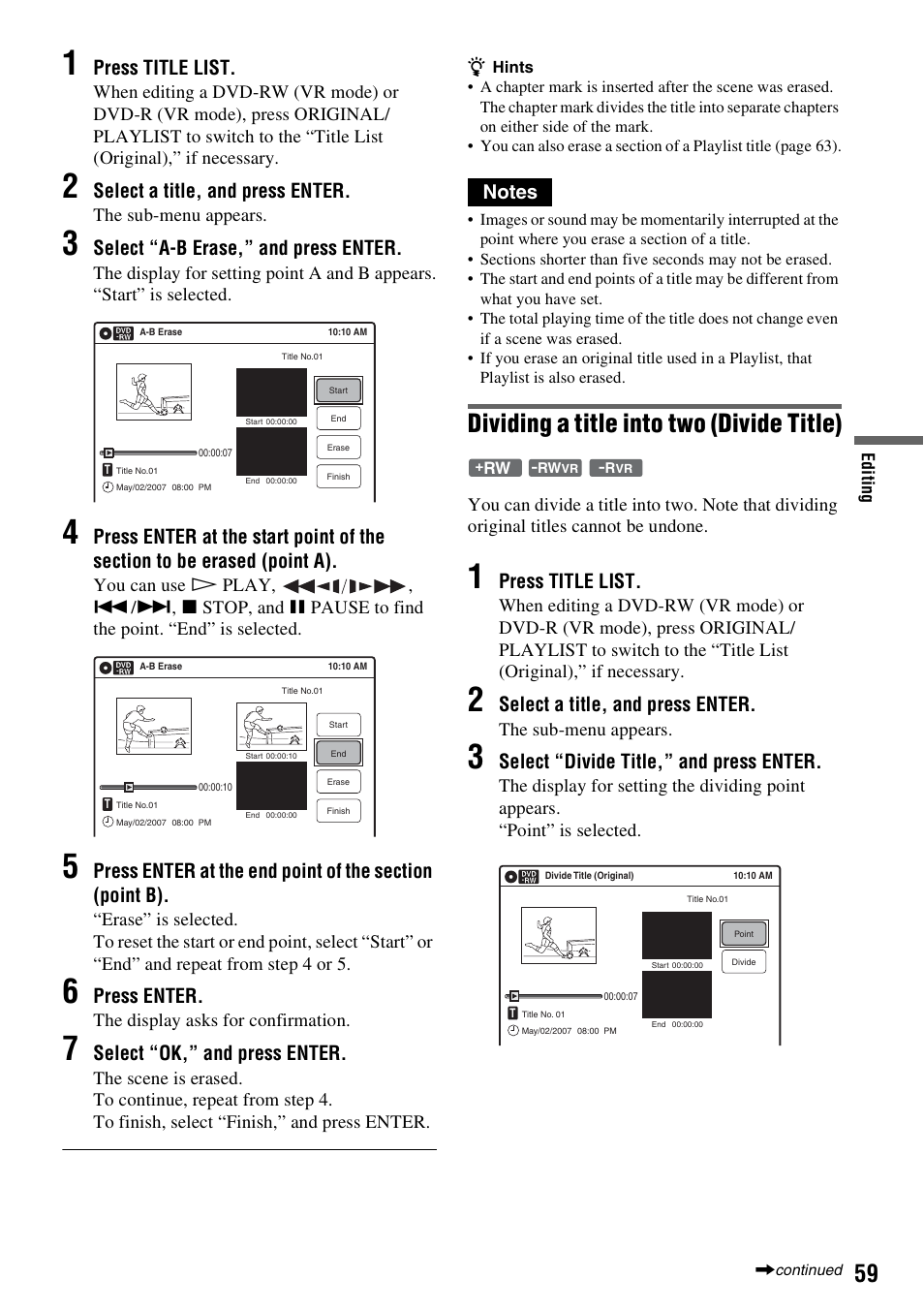 Dividing a title into two (divide title), Press title list, Select a title, and press enter | Select “a-b erase,” and press enter, Press enter, Select “ok,” and press enter, Select “divide title,” and press enter | Sony RDR-GX355 User Manual | Page 59 / 128