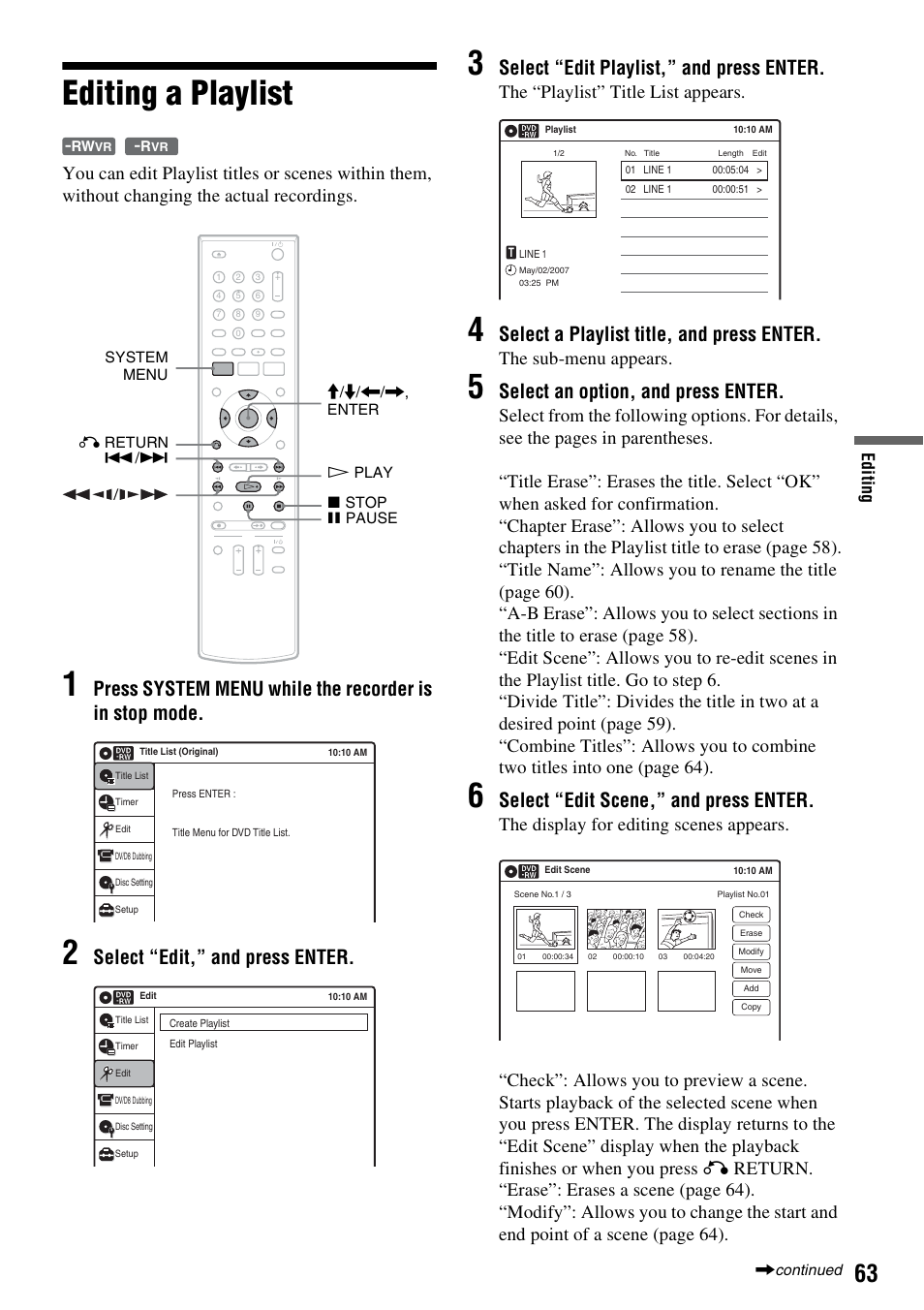 Editing a playlist, Select “edit,” and press enter, Select “edit playlist,” and press enter | Select a playlist title, and press enter, Select an option, and press enter, Select “edit scene,” and press enter, The “playlist” title list appears, The sub-menu appears, Edi ting | Sony RDR-GX355 User Manual | Page 63 / 128