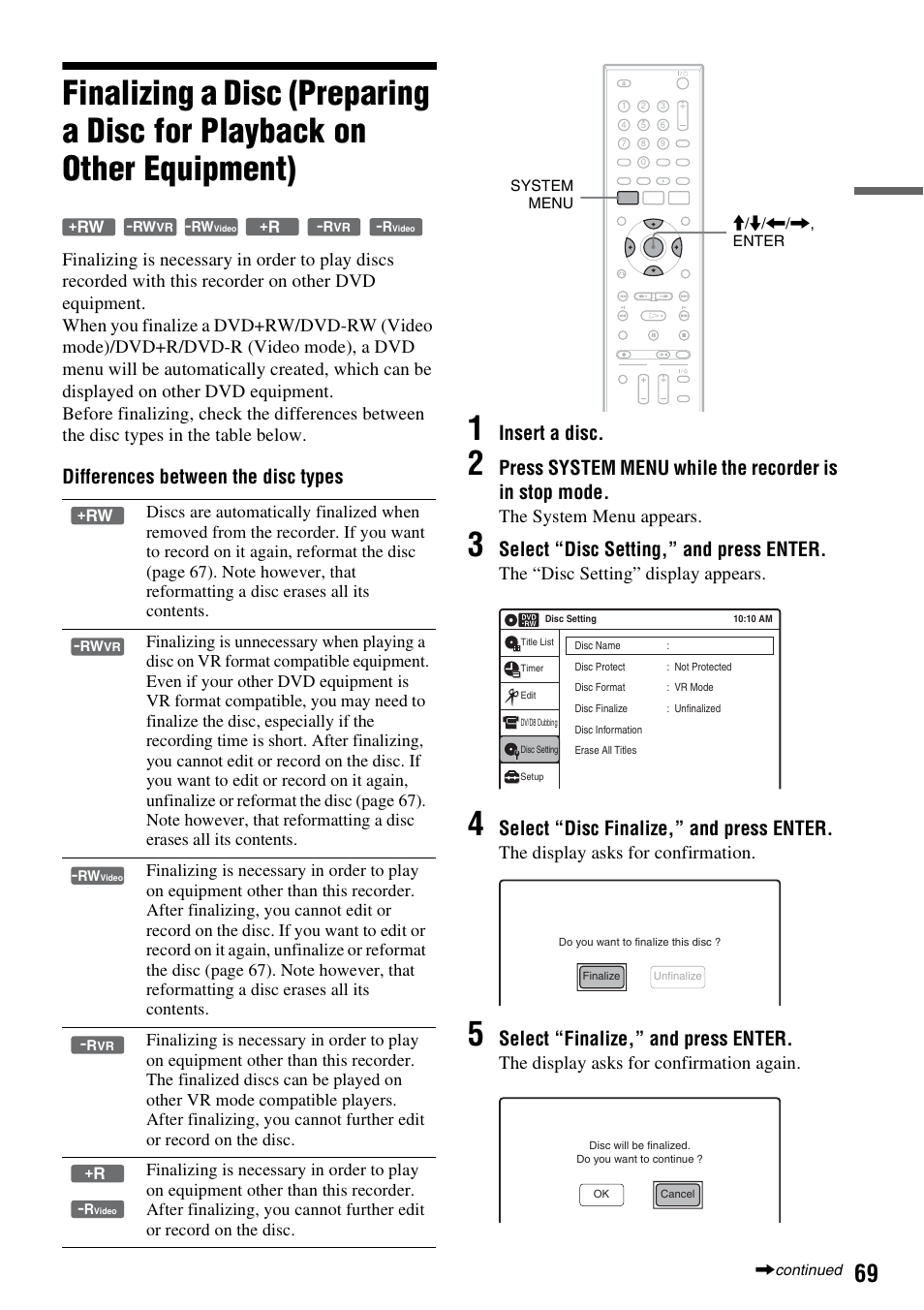 Differences between the disc types, Insert a disc, Select “disc setting,” and press enter | Select “disc finalize,” and press enter, Select “finalize,” and press enter, The system menu appears, The “disc setting” display appears, The display asks for confirmation, The display asks for confirmation again | Sony RDR-GX355 User Manual | Page 69 / 128