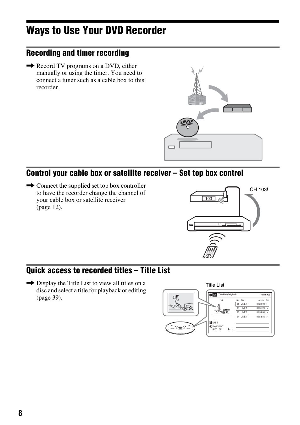 Ways to use your dvd recorder, Recording and timer recording, Quick access to recorded titles – title list | Sony RDR-GX355 User Manual | Page 8 / 128